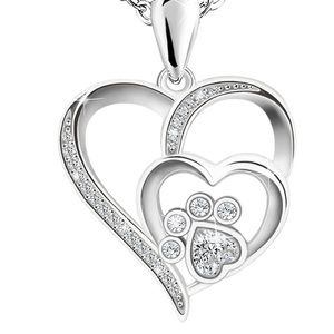 Paw Heart Necklace for Women‎ - Sterling Silver Cubic Zirconia Dog Paw in Heart